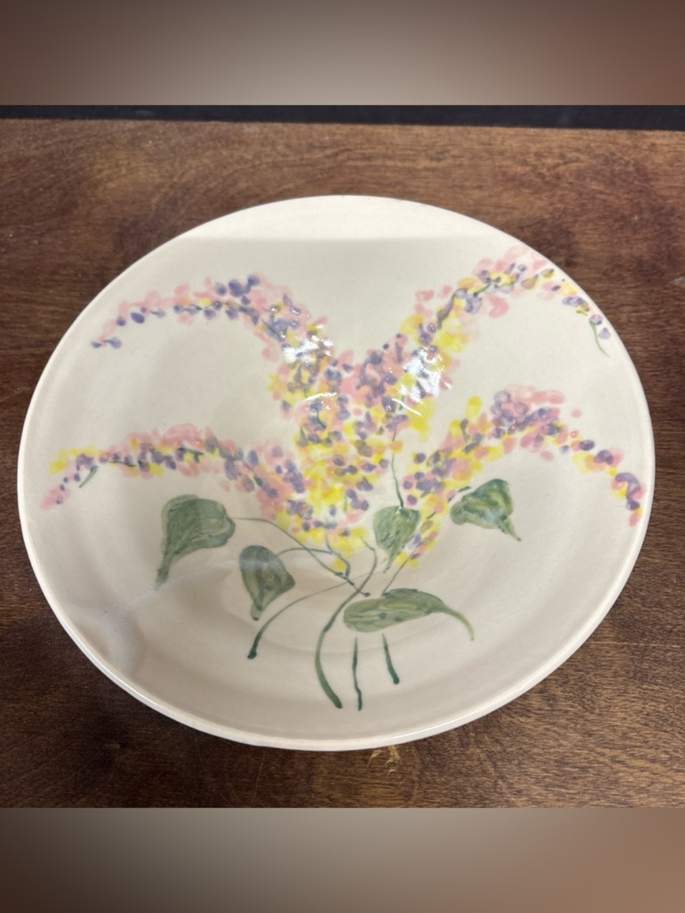 Hand-Painted Floral Studio Pottery Bowl - Pink, Yellow & Green
